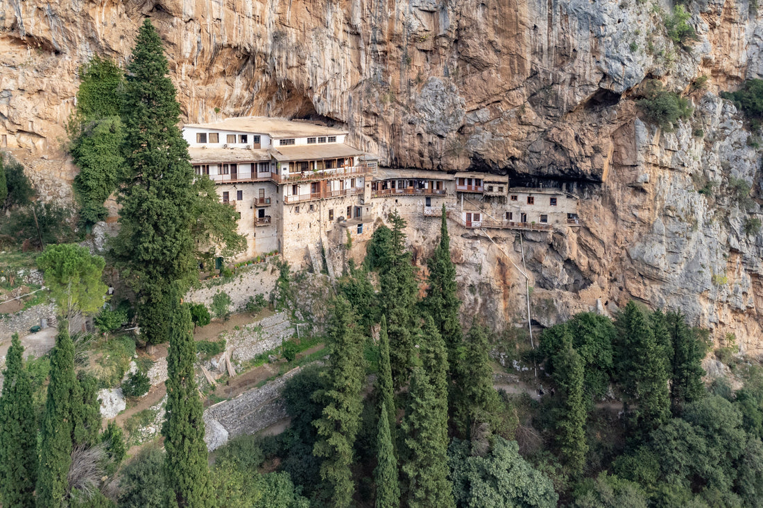 Prodromos monastery built into the cliff face of the Lousios gorge, Arcadia, Greece