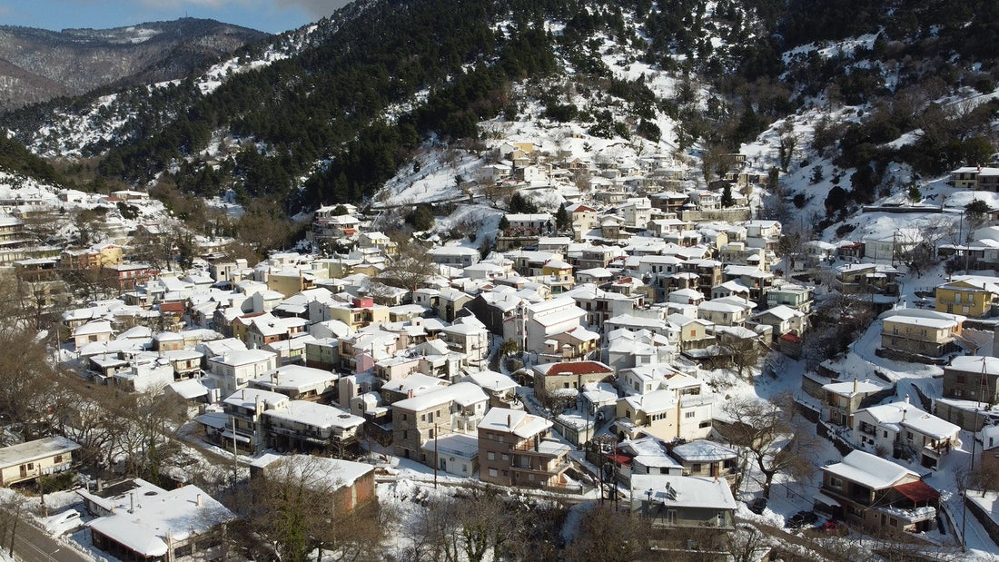 The mountain village of Steni Dirfyos under snow, Evia, Greece