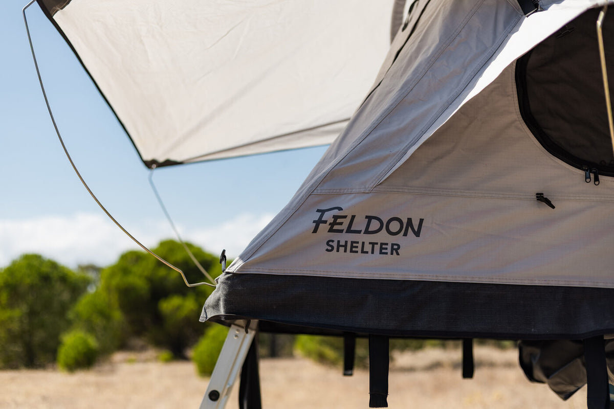 Close-up of the Feldon Shelter Crow's Nest roof top tent fabric and guy line